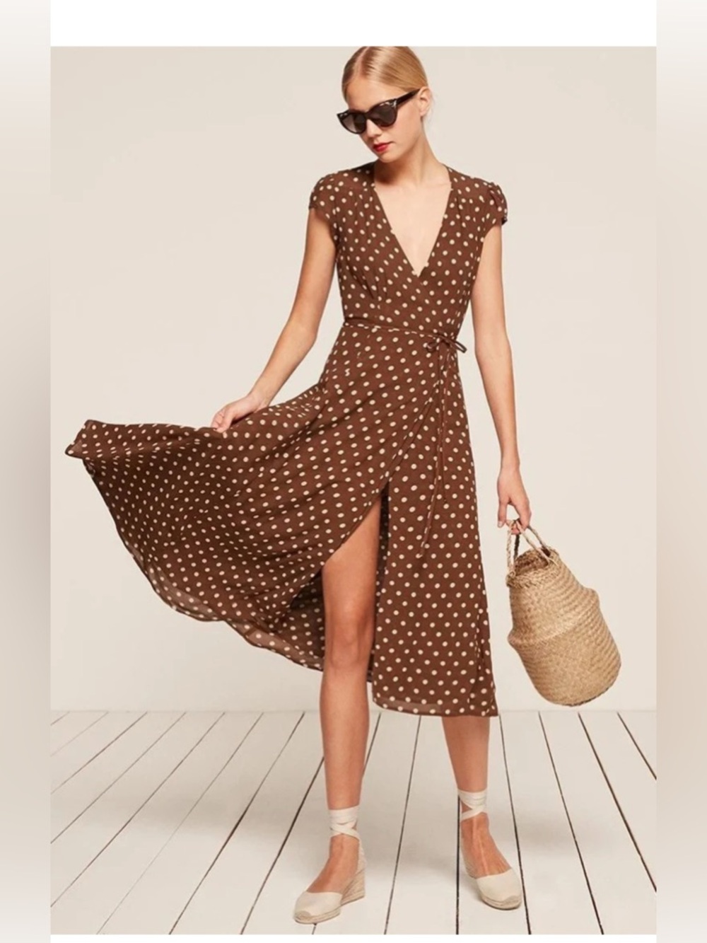 Reformation Brown and White Polka Dot Wrap Maxi Dress